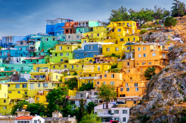 Old and colourful village hillside houses in Turkey.