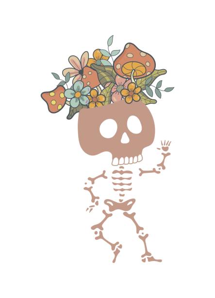 скелет танцует с цветами на голове, изолированными на белом фоне. милый счастливый череп. человеческий. менструация. танцевать. векторная и� - the human body dancing female silhouette stock illustrations