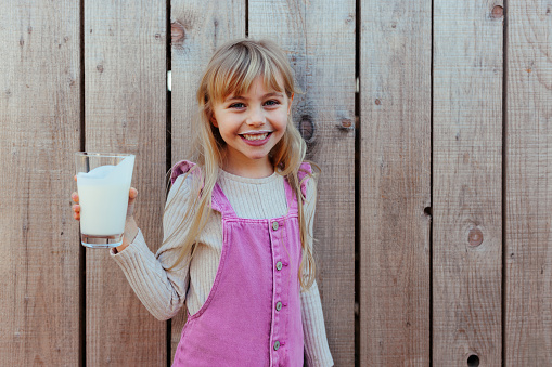 A smiling small Caucasian girl is holding a glass of milk in her hands outside the barn with cow's, looking at the camera.