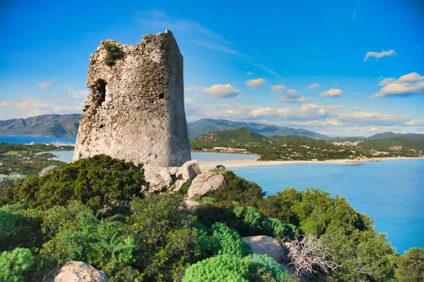 view of The Spanish watchtower of Porto Giunco, Villasimius, Sardinia, Italy