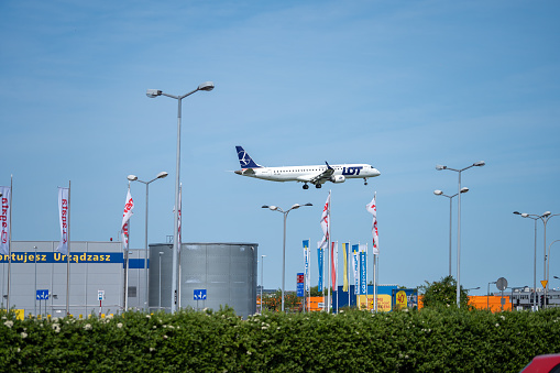 LOT Polish Airlines Boeing 737 airplane at Frankfurt airport (FRA). Boeing is an American aircraft manufacturer headquartered in Chicago.