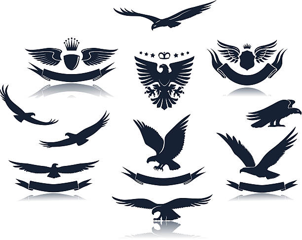 Silhouette of eagle stances with emblems A number of eagles and insignias with eagles. eagles stock illustrations