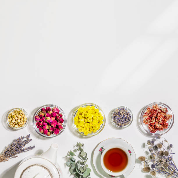 istock Healing herbal tea with wild plants and flowers with copy space 1494072516