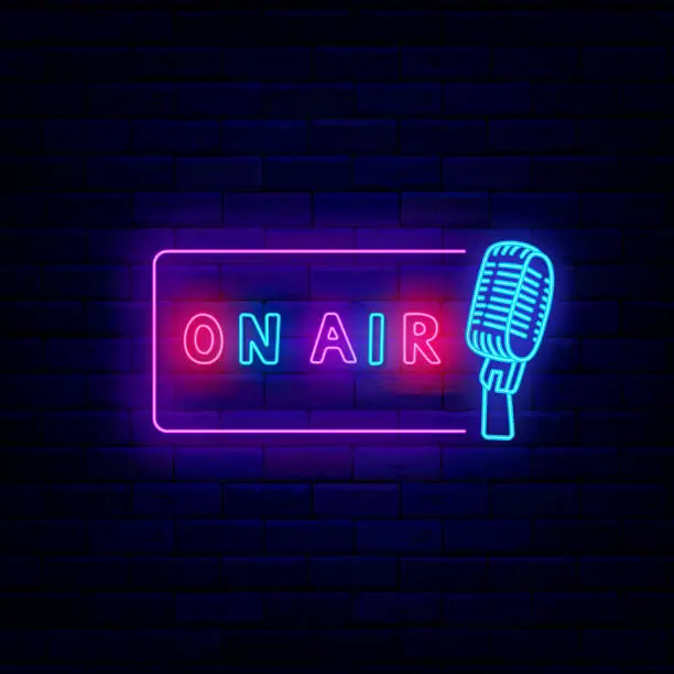 Vector illustration of Live on air neon banner. Shiny frame with microphone. Record studio emblem. Vector stock illustration