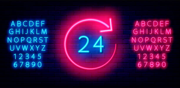 Around the clock neon sign. Circle arrow with 24 label. Night club, bar and market emblem. Vector stock illustration Around the clock neon sign. Circle arrow with 24 label. Night club, bar and market emblem. Glowing invitation on brick wall. Light blue and pink alphabet. Simple banner. Vector stock illustration 24 hours neon sign stock illustrations