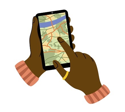 Hands with smartphone. Woman holding phone with map on screen. GPS navigation online. Human looking for suitable route using gadget. Cartoon flat vector illustration isolated on white background