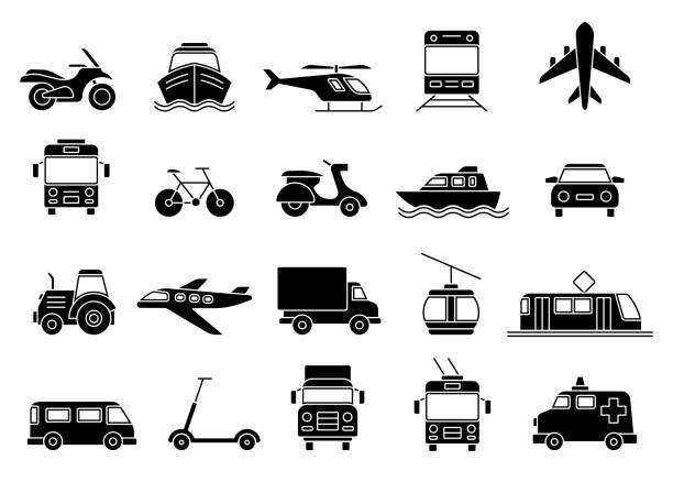 ilustraciones, imágenes clip art, dibujos animados e iconos de stock de conjunto de siluetas de transporte - silhouette bus symbol motor scooter