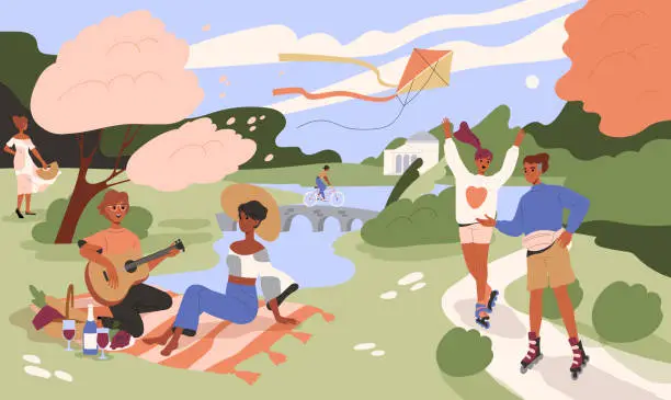 Vector illustration of People walking in park