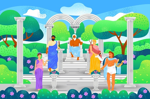 Greek gods on Olympus poster. Mythological characters in form of ancient deities or philosopher. Zeus, Hera, Apollo and Ares stand on podium with landscape background. Cartoon flat vector illustration