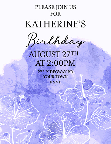 Watercolor And Hibiscus Flower Invitation Template . Watercolor, flowers & text are each on their own layer for easier editing.