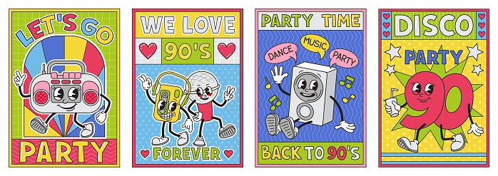 Retro party posters set. Colored vintage covers in 90s disco style. Karaoke event and nostalgic music. Comic characters with faces in form of tape recorder and mic. Cartoon flat vector illustration