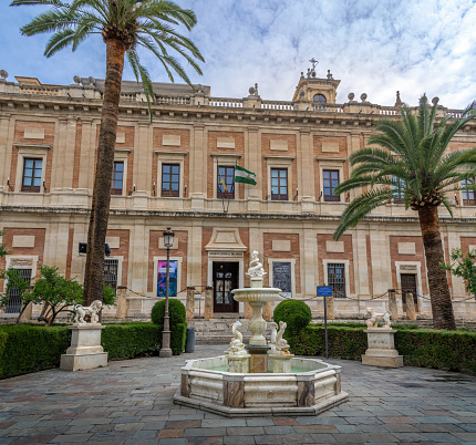 Seville, Spain - Apr 7, 2019: General Archive of the Indies (Archivo General de Indias) - Seville, Andalusia, Spain