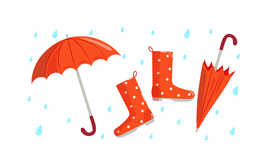Set. Open umbrella , shoes, rubber boots and closed umbrella . Bright umbrella and raindrops. The rainy season.  Rainy weather. Flat style. Vector illustration, background isolated.