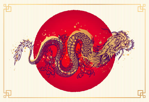 Vector illustration of a golden Chinese dragon. Tattoo of asian dragon on red background in asian style. vector art illustration