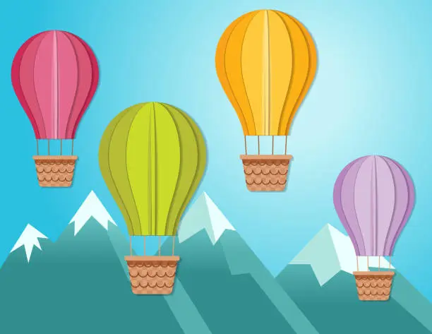 Vector illustration of Cut paper Style Hot Air Balloons Floating Over Some Mountains