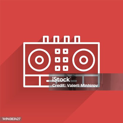 istock White line DJ remote for playing and mixing music icon isolated with long shadow. DJ mixer complete with vinyl player and remote control. Vector 1494083427