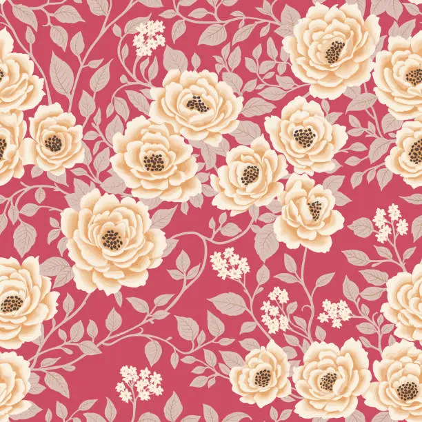 Vector illustration of Floral Seamless Pattern of White Flowers on Cerise Pink Backdrop in a Chinoiserie Style