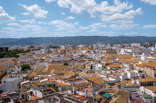 Aerial view of Cordoba with Sierra Morena mountains on background - Cordoba, Andalusia, Spain