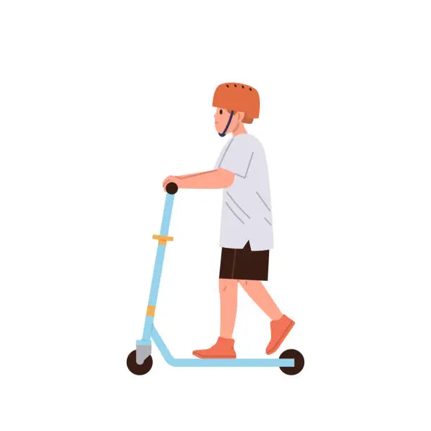 Vector illustration of Little boy cartoon child character wearing protective safety helmet riding two-wheeled scooter