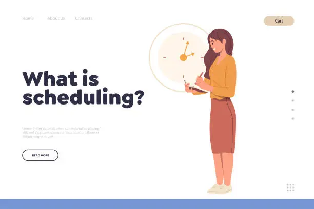 Vector illustration of Landing page design template with what is schedule concept and happy young woman planning work day