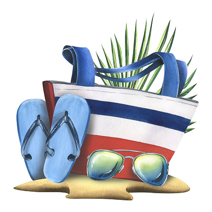 Striped beach bag with flip flops, sunglasses on the sand with palm leaves. Watercolor hand drawn illustration. Isolated composition on a white background. For summer and marine prints, stickers