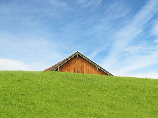 house detrás de la colina, con el cielo azul y nubes - hausdach fotografías e imágenes de stock