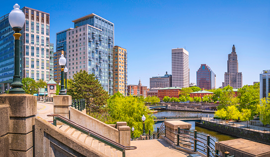 Providence City  Skyline, Skyscrapers, and Buildings over Woonasquatucket River at Waterplace Park in Providence, Rhode Island