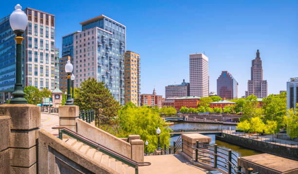 Providence City  Skyline over Woonasquatucket River at Waterplace Park in Providence stock photo