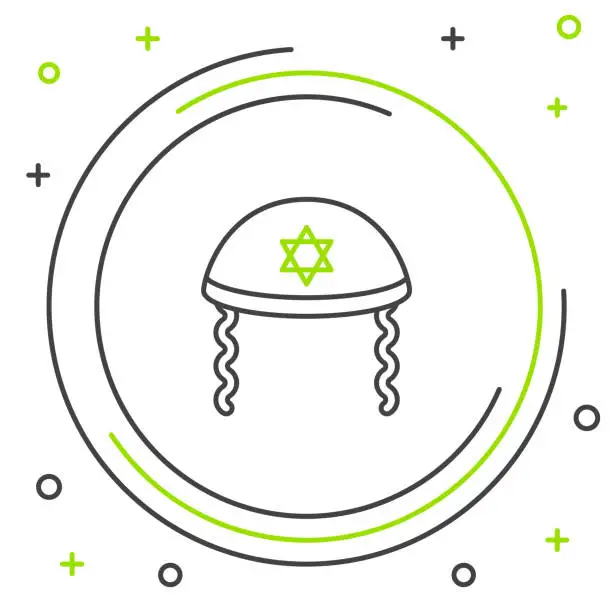 Vector illustration of Line Jewish kippah with star of david and sidelocks icon isolated on white background. Jewish yarmulke hat. Colorful outline concept. Vector