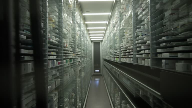 A pharmacy storage room and a robot hand are arranging and store out drugs in a pharmacy.