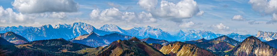 Picturesque autumn Alps mountain view from Schafberg viewpoint, Salzkammergut, Upper Austria.