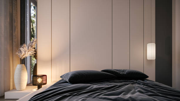 istock Modern bedroom interior design with empty white wall background. Stylish minimalistic bedroom. 1494097218
