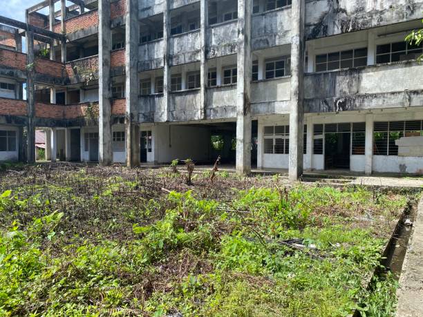 istock abandoned building, outside of abandoned school building 1494097723