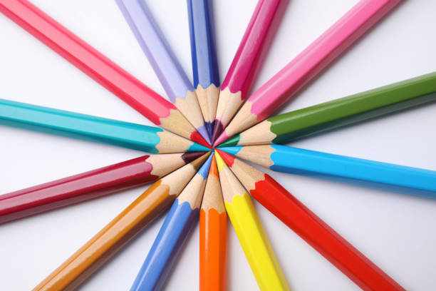 istock Colorful wooden pencils on white background, flat lay 1494104427