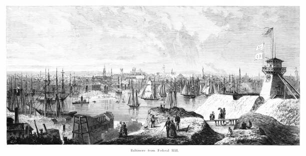 baltimore z federal hill, maryland, stany zjednoczone, geografia amerykańska - number of people people in the background flowing water recreational boat stock illustrations