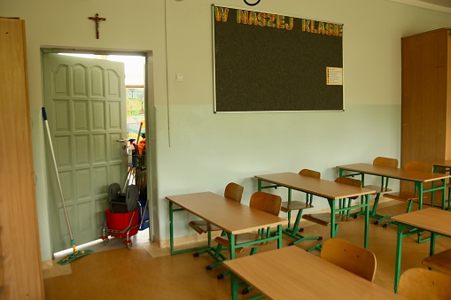 Empty class room in secondary Danish school.