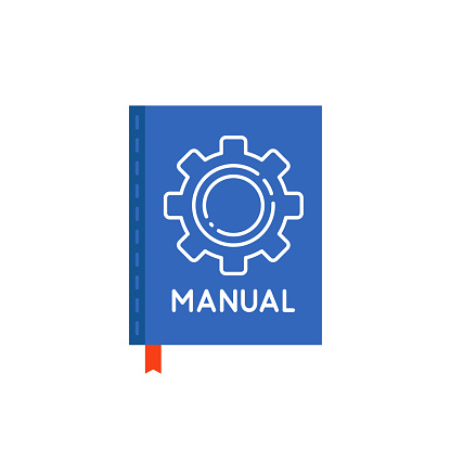 blue manual book like guidance icon. concept of tech instruction or rulebook and badge of technical support. flat simple style trend modern graphic design isolated on white background