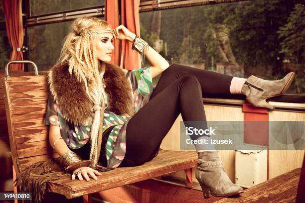 Beautiful Hippie In Vintage Train Stock Photo - Download Image Now - Fashion, Retro Style, Old-fashioned