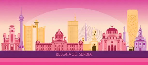 Vector illustration of Sunset Skyline panorama of City of Belgrade, Serbia