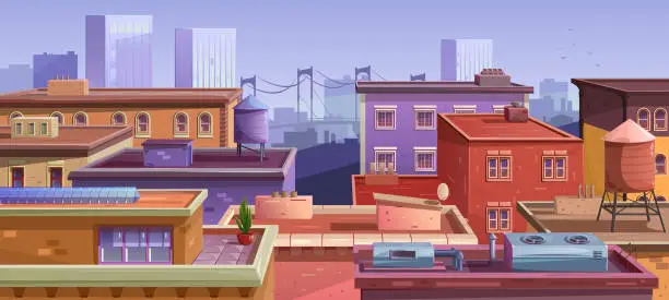 Vector illustration of Panoramic view of the city rooftops. Urban area with old European-style apartment buildings. Bridge and skyscrapers on the skyline. Ventilation, water tank, chimney. Vector cartoon illustration.