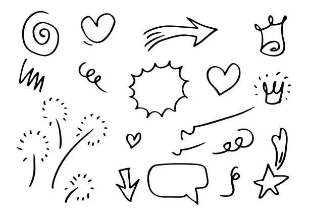 Vector illustration of hand drawn set element,black on white background.arrow,star,speech bubble,heart,light,king,emphasis,swirl,for concept design.