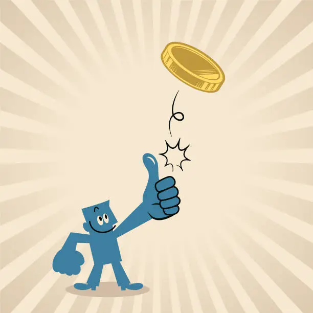 Vector illustration of A smiling blue man tossing a coin