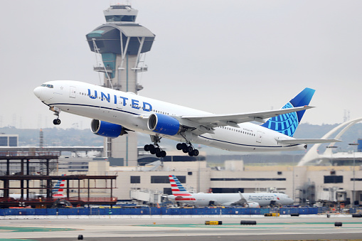 Los Angeles, California, USA - May 20, 2023: United Airlines Boeing 777 Aircraft (777-200), Los Angeles International Airport (LAX).