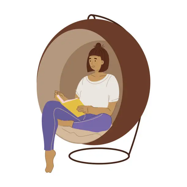 Vector illustration of Woman reading a book in a hanging swing chair.