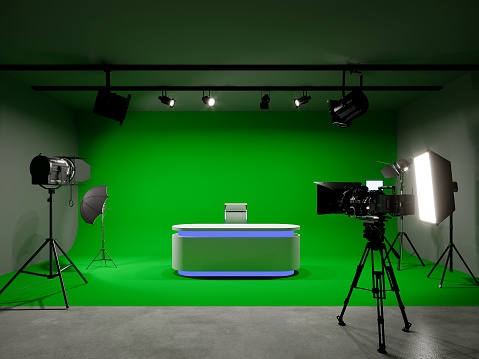 green screen photo studio with lighting and movie camera. 3D rendering