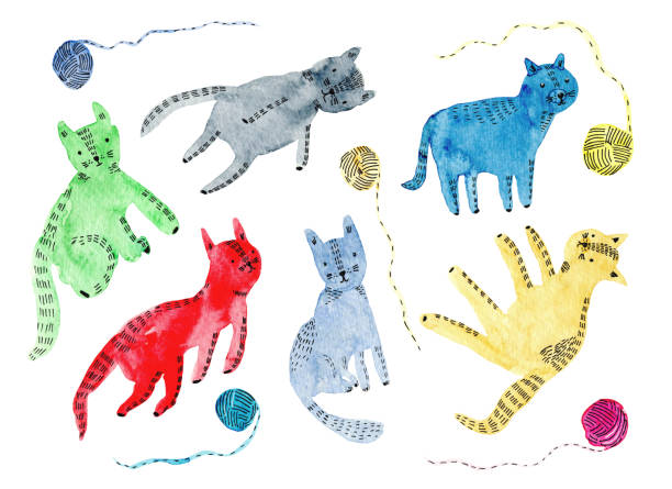 istock Cute colorful doodle watercolor cats and clews 1494120909