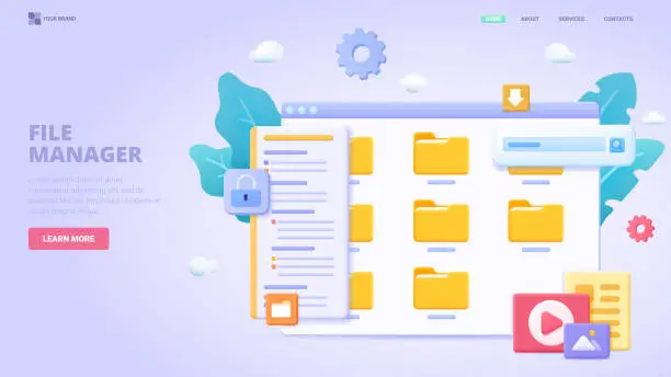 Vector illustration of File manager, electronic document storage, document synchronisation, collecting and organisation. 3d design concept for landing page. Three dimensional illustration for website, print, banner