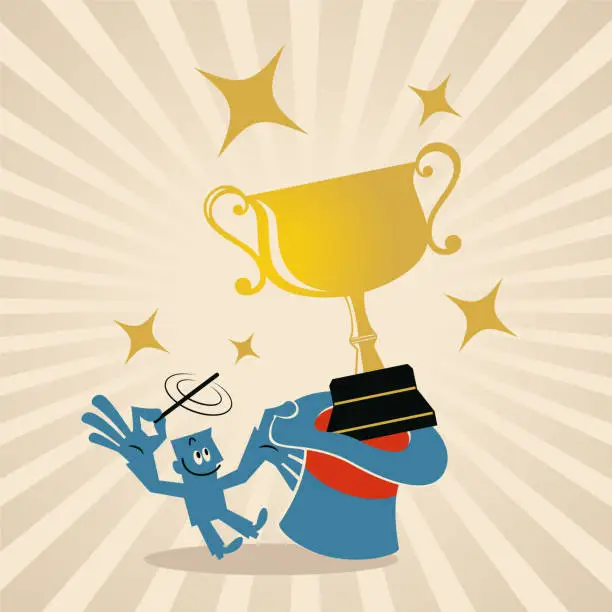 Vector illustration of The blue man waves his magic wand and a golden trophy comes out of his magic hat