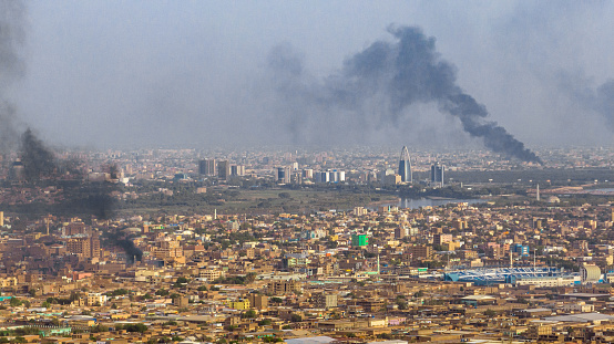 Aerial picture shows smoke plumes rising from several places in Khartoum and Omdurman due to clashes between the Sudanese army and the Rapid Support Forces
