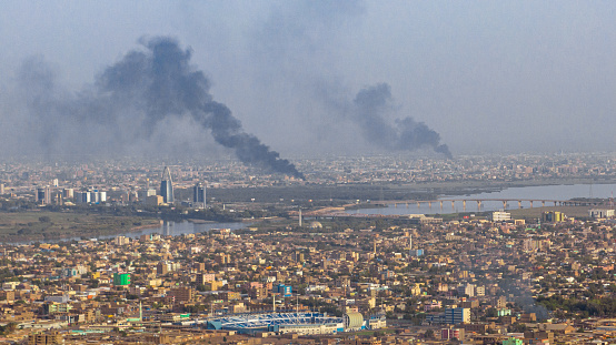 Aerial picture shows smoke plumes rising from several places in Khartoum and Omdurman due to clashes between the Sudanese army and the Rapid Support Forces